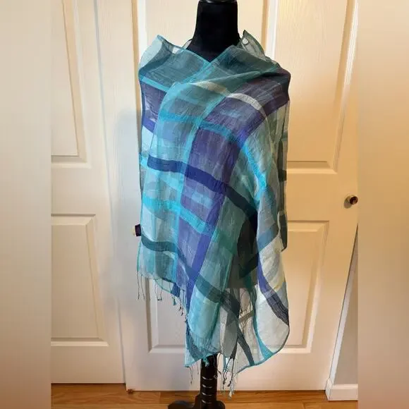 Vintage Handmade Silk Cotton Scarf Shawl Blue Plaid NWT Coastal Grandma - Picture 2 of 5
